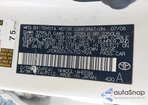 2006 Toyota Prius from USA, damaged, VIN JTDKB20U767527924